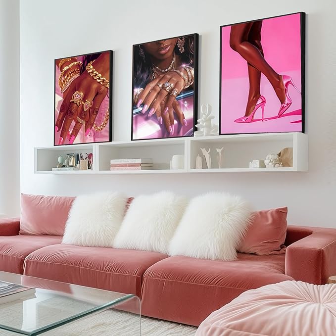 Pink Fashion Black Girl Canvas Wall Art Set of 3 African American Black Woman Posters Wall Decor Fashion Black Woman Pictures Prints for Living Room Bedroom Artwork Home Decoration 12x16Inch Unframed