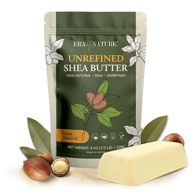era of nature Organic Unrefined Raw African Ivory White Shea Butter 8oz - Moisturizing Raw Shea Butter Bar for Skin & Hair, DIY Lip Balm Base, Cream, Soap & Lotion Making Supplies Kit, Skincare