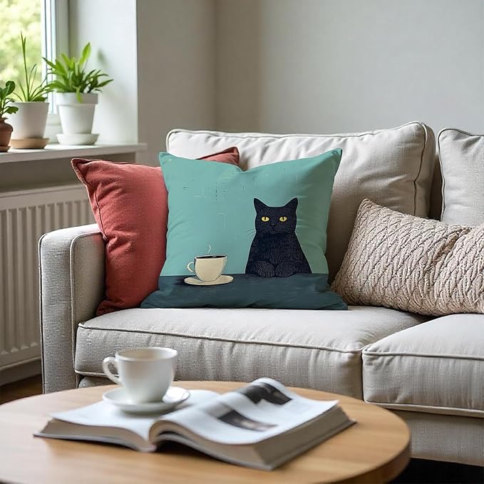 Black Cat Pillow Covers 18x18，Cat Lovers Mom Grandma Gifts for Mother's Day, Black Cats with a Cup Pillow Covers for Home Bedroom Living Room Office Decor