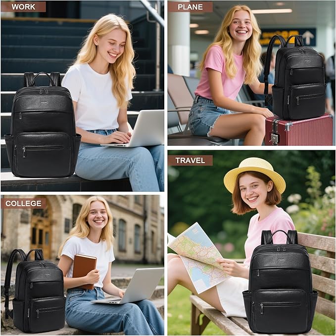 Leather Laptop Backpack for Women 15.6 Inch Laptop Travel Backpack Purse Casual Daypack with Laptop Compartment for College Work Nurse Business Weekender, Black