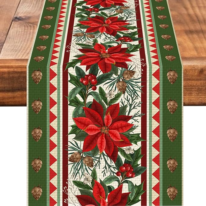 Christmas Flower Table Runner Burlap Kitchen Dining Linen Table Decoration for Indoor Outdoor Home Party Dinner 13x72 Inch