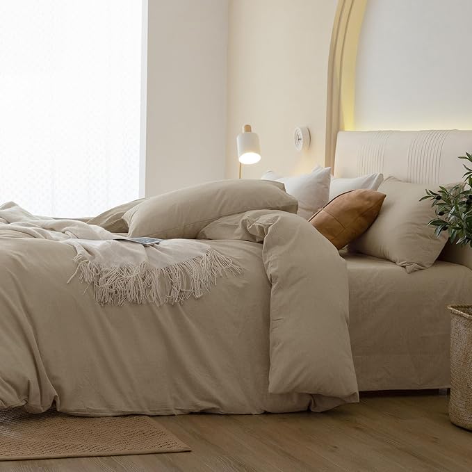 JIYUAN 100% Washed Cotton Duvet Cover Set 3 Pieces Oversized King, 1 Duvet Cover 120x98 Inches(Comforter Not Included) and 2 Pillowcases,Linen Feel Bedding Set Comfy and Breathable, Heathered Tan
