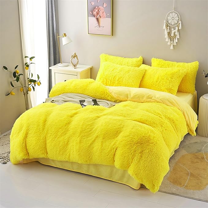 MorroMorn 5 PCS Shaggy Duvet Cover Bedding Set - Fluffy Comforter Cover Long Faux Fur Luxury Ultra Soft Cozy (Yellow, King/California King)