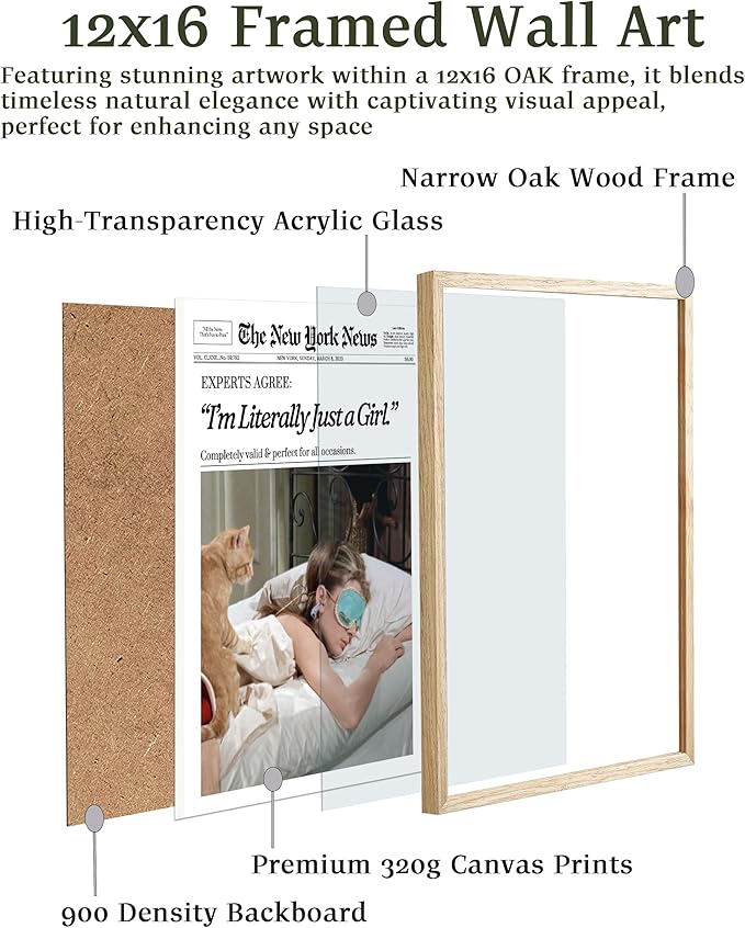EcoHest Trendy Newspaper Audrey Hepburn Magazine Framed Wall Art, 12x16 in OAK Wood I‘m Literally Just a Girl Canvas Wall Art Home Decor, Beige Retro Set of 1 For Bedroom Living Room