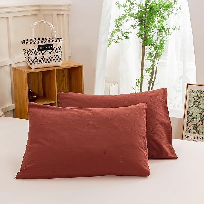 ECOCOTT Duvet Cover California King Size - Linen Feel Textured Organic Natural 100% Washed Cotton, Soft Breathable 3 Pieces Bedding Set with Zipper Closure, Burnt Brick Red