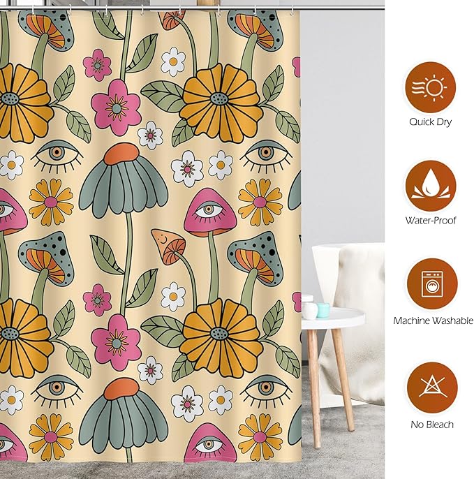 Aimego Boho Mushroom Shower Curtain - 60s 70s Retro Bohemian Flowers Eyes Floral Fabric Cloth Bath Shower Curtain Set with 12 Hooks for Bathroom Decor Accessories, 72"x72"