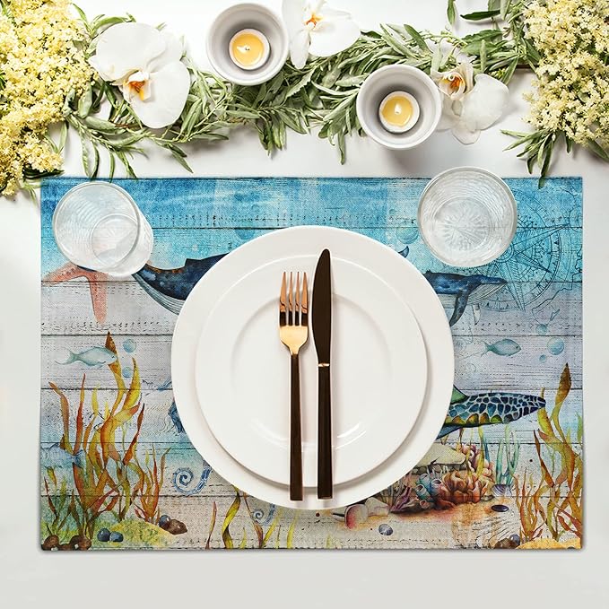 Giwawa Sea Life Placemats Set of 4- Sea Turtle Seahorse Whale Ocean Animal Place Mats- Vintage Compass Wood Board Heat Resistant Linen Table Mats 12"x18" for Dining Kitchen Summer Decoration