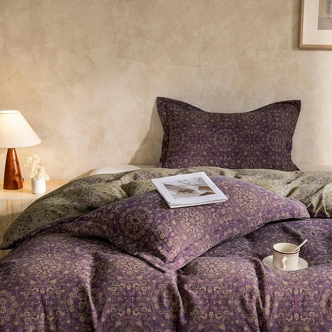 mixinni Purple Green Floral Duvet Cover King Size, Elegant Double-Layer Yarn Premium Cotton Vintage Duvet Cover Set, Exquisite Jacquard Design Bedding Set with 2 Pillowcases Perfect for Him and Her