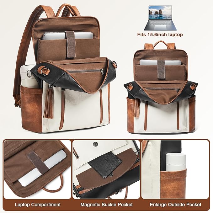 Shrrie Laptop Backpack for Women 15.6 inch,Travel Leather Backpack Purse Nurse Teacher Carry on Backpack Computer Bag,Professional Water-Resistant College Business Work Casual Daypack,Two-tone Maroon