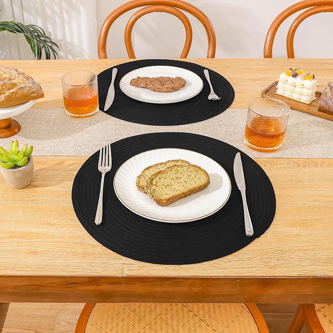 SHACOS Round Braided Placemats Set of 6 Cotton Polyester Heavy Duty 15 inch Round Table Mats Washable Heat Resistant Place Mats (Black, 6)