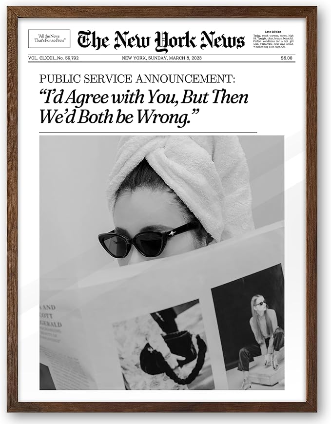 EcoHest Trendy Newspaper Framed Wall Art, 12x16 in OAK Wood Walnut Color Cool Girl Canvas Art, Magazine Bar Cart Print College Dorm Decor, Set of 1 for Bedroom Living Room