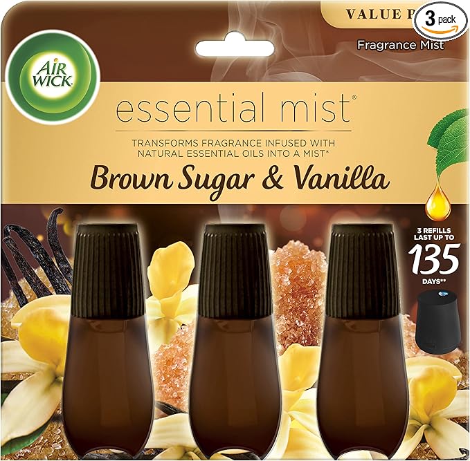 Air Wick Essential Mist Refill, 3ct, Brown Sugar & Vanilla, Fall Scent, Essential Oils, Air Freshener