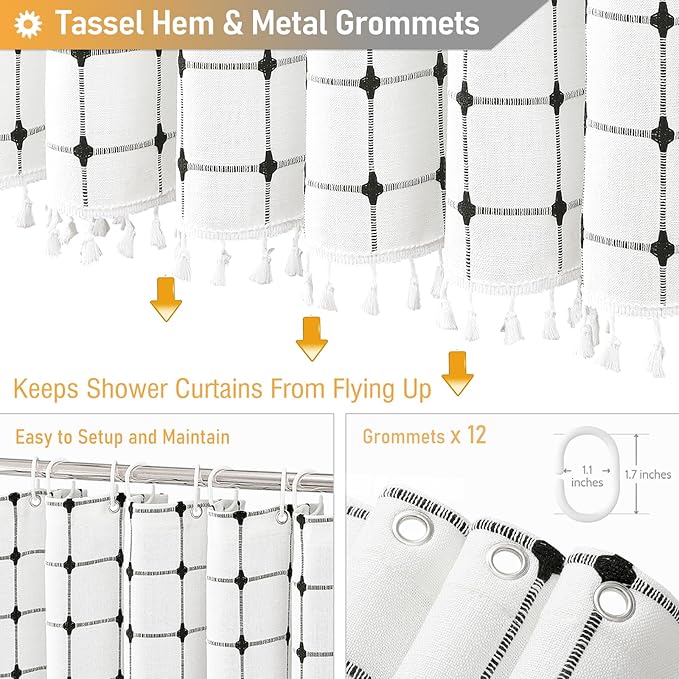 BTTN Extra Long Shower Curtain - 72x84 Inch Long Boho Chic Tassel Linen Fabric Shower Curtain Set with Hooks, Modern Farmhouse Elegant Heavy Duty Cloth Shower Curtains for Bathroom - White and Black