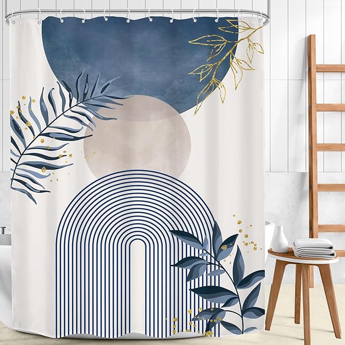 Blue Gray Boho Shower Curtain 72Wx96H Extra Long Modern Bohemian Abstract Dusty Blue Gold Leaves Mid Century Plant Bathroom Decor Minimalist Geometric Bath Curtain Fabric Polyester 12 Pack Hook