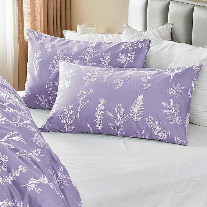 MUXHOMO Duvet Cover King Size, Reversible Floral Lavender Duvet Cover Set with Zipper Closure, 3 Pieces Botanical Patterns Soft Microfiber Bedding Set (90"x104", 2 Pillow Cases 20"×36")