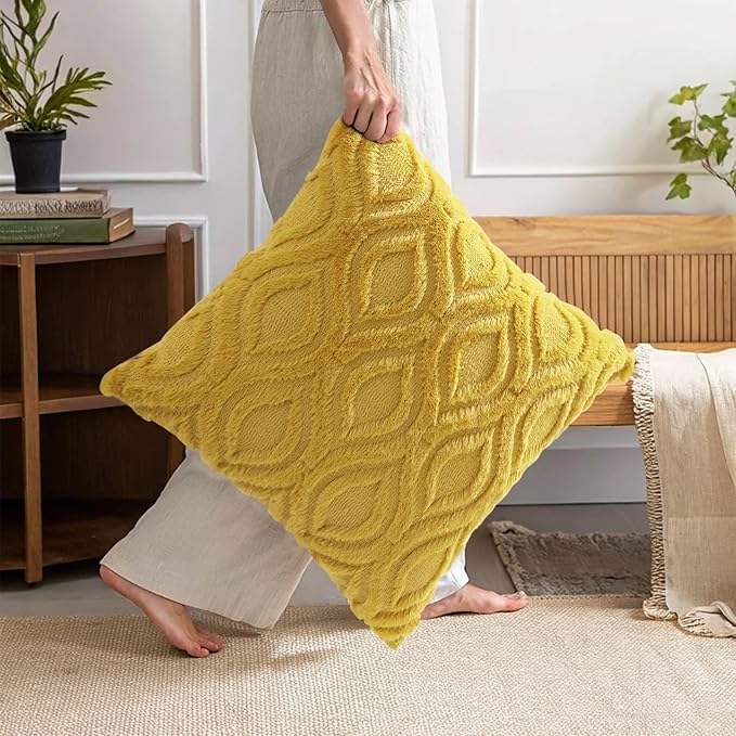 decorUhome Throw Pillow Covers 24x24 Inch Set of 2, Soft Plush Decorative Faux Fur Mustard Yellow Solid Couch Pillow Covers, Accent Farmhouse Neutral Square Euro Pillow Cases for Sofa Bed Living Room