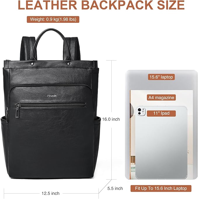 Leather Laptop Backpack for Women, Travel Backpack Purse Fits 15.6 Inch Laptop, Casual Daypack with Laptop Compartment for Teachers College Work Business Nurse Weekender, Black