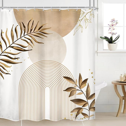 Beige Boho Shower Curtain 60Wx72H Bohemian Abstract Modern Mid Century Leaves Minimalist Contemporary Plant Cream Bathroom Decor Arch Simple Neutral Bath Curtain Fabric Polyester 12 Pack Hooks