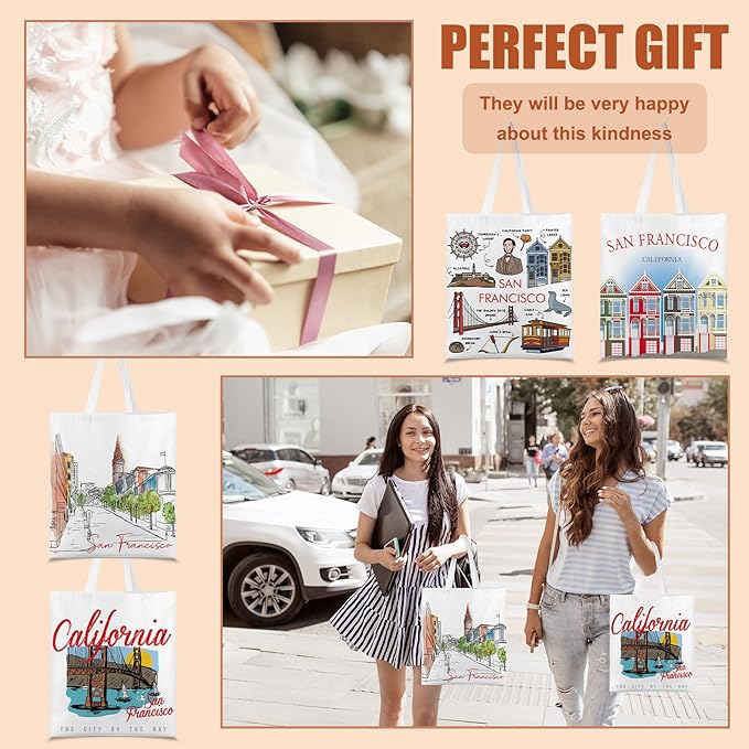 Paterr 4 Pcs City Souvenir Tote Bag-New York Chicago Seattle Los Angeles Boston San Francisco Paris Italy Las Vegas Nashville