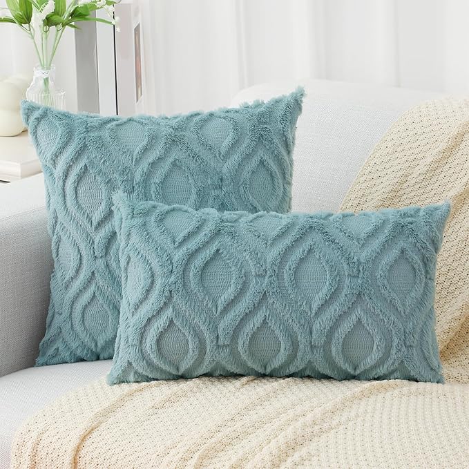 decorUhome Fall Throw Pillow Covers 24x24 Inch Set of 2, Soft Plush Decorative Faux Fur Aqua Solid Couch Pillow Covers, Accent Farmhouse Neutral Square Euro Pillow Cases for Sofa Bed Living Room