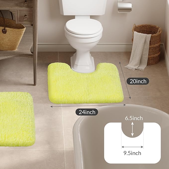 Walensee Bathroom Contour Rug (20x24, Yellow) Non Slip Bath Mat Water Absorbent Soft Microfiber Shaggy Bathroom Mat Machine Washable Bath Rug U Shape Toilet Rug