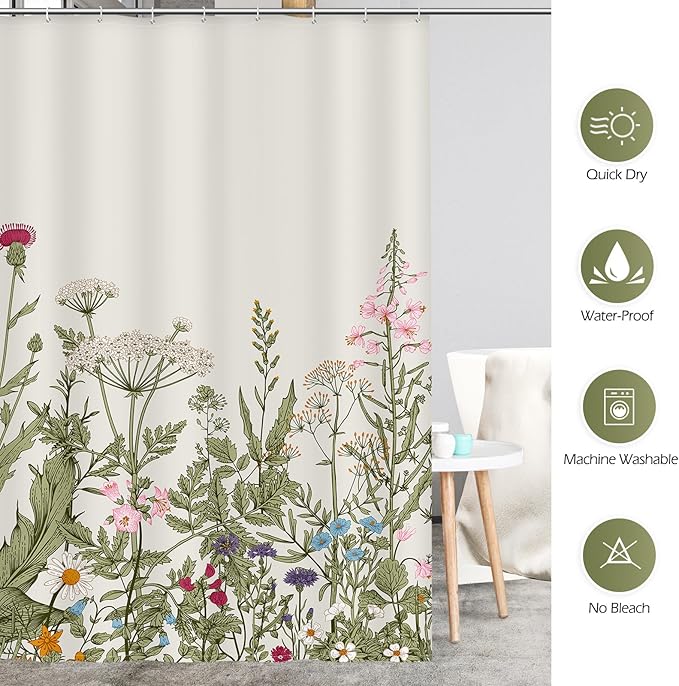 Aimego Spring Floral Shower Curtain- Sage Green Plant Leaves Wildflower Nature Botanical Flower Fabric Cloth Bath Shower Curtain Set with 12 Hooks for Bathroom Decor Accessories, 72"x72"