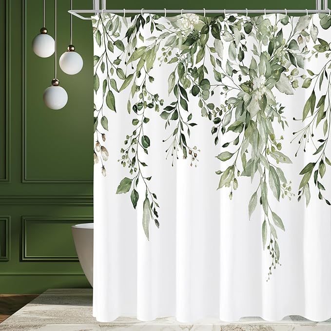 Gibelle Long Shower Curtain 72 x 78, Tall Olive Green Floral Shower Curtain for Bathroom, Watercolor Plant Eucalyptus Leaves Fabric Shower Curtain Set with Hooks