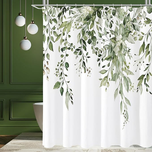Gibelle Long Shower Curtain 72 x 78, Tall Olive Green Floral Shower Curtain for Bathroom, Watercolor Plant Eucalyptus Leaves Fabric Shower Curtain Set with Hooks