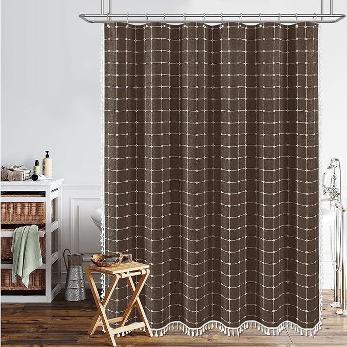BTTN 60 Inch Stall Shower Curtain - Boho Farmhouse Linen Weighted Fabric Cloth Shower Curtain Set with 10 Plastic Hooks, Narrow Bohemian Country Decorative Shower Curtains for Bathroom - 60x72 - Brown