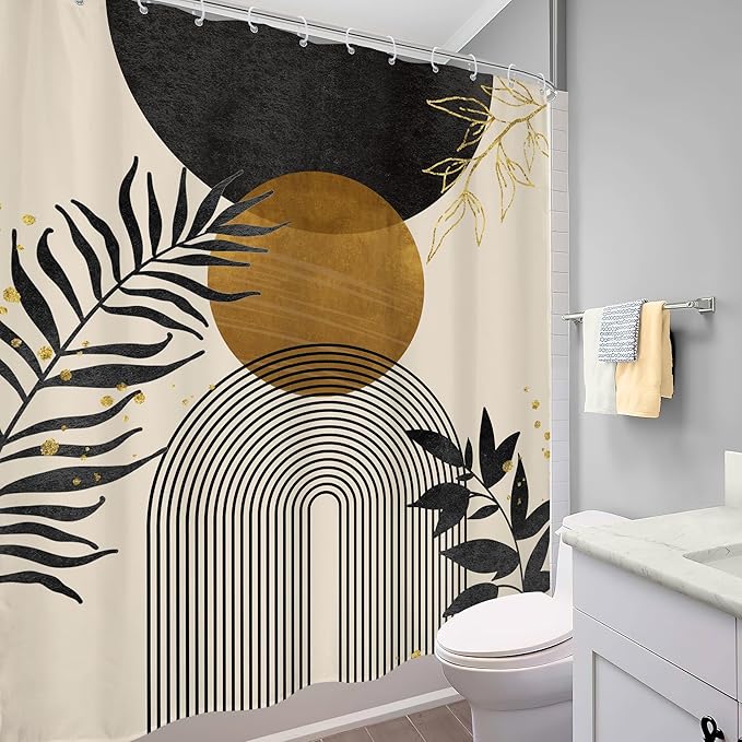 Black Boho Shower Curtain 60Wx72H Modern Bohemian Abstract Brown Tan Mid Century Gold Leaves Plant Botanical Arch Bathroom Decor Minimalist Geometric Bath Curtain Fabric Polyester 12 Pack Hooks