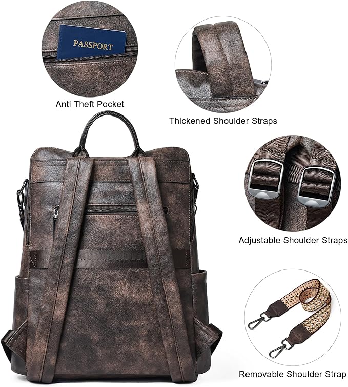 Shrrie 15.6 inch Laptop Backpack for Women,Large Leather Backpack Purse,Travel,Carry on,Water Resistant Casual Laptop Backpacks,College Backpack,Work Backpack for Women,Two-toned Coffee