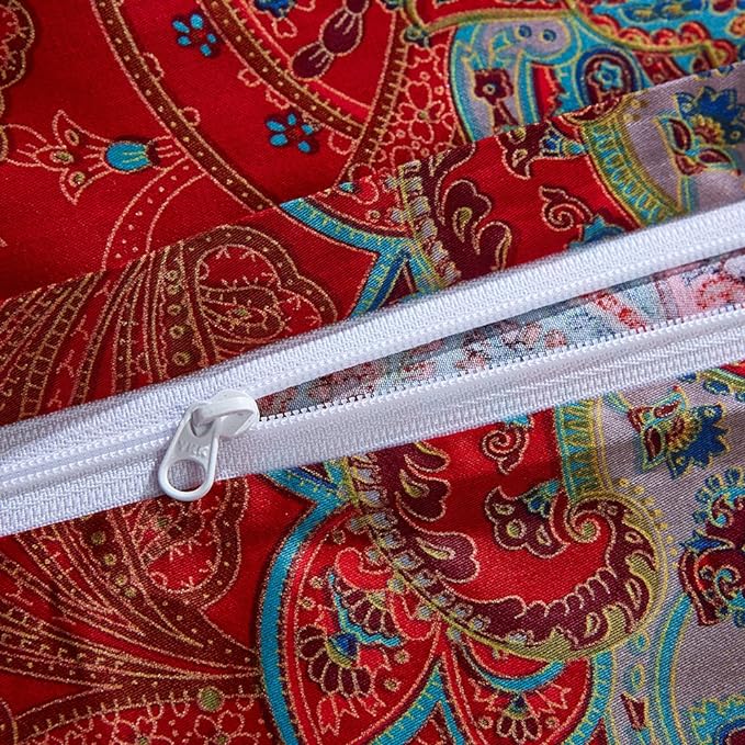 mixinni King Size Duvet Cover Set Paisley Light Blue Long Staple Cotton Percale Farmhouse Pattern Duvet Cover on Red Vintage Floral Bedding Comforter Cover with 2 Pillowcases Perfect for Him and Her