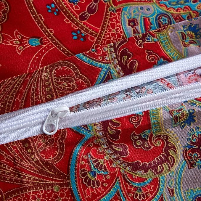 mixinni Long Staple Cotton Percale Paisley Duvet Cover for Queen Size Bed Boho Floral Pattern 3 Pieces Bedding Set with Zipper Ties for Him and Her, 1 Duvet Cover and 2 Pillowcases for All Seasons