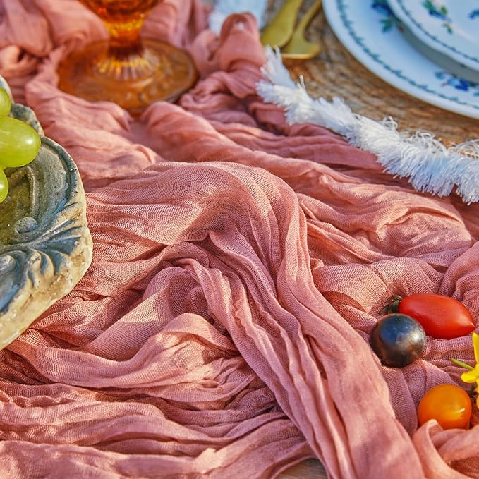 2 Pieces Boho Table Runners Dusty Blush Cheesecloth Table Runner Boho Gauze Cheese ClothTable Runner Rustic Sheer Table Runner 10FT Long for Wedding Bridal Shower Birthday Party Table Decorations