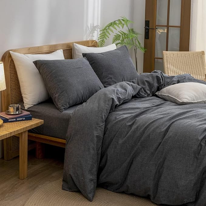 BESTOUCH Duvet Cover Set 100% Washed Cotton Linen Feel Super Soft Comfortable Chic Lightweight 3 PCs Home Bedding Set Solid Dark Black Oversized Full