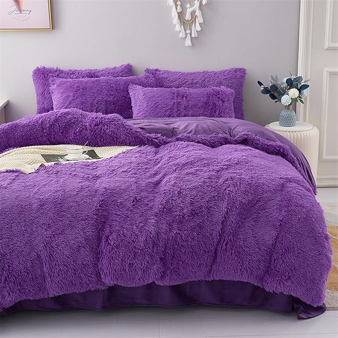 MorroMorn 5 PCS Plush Shaggy Duvet Cover Sets, Luxury Shag Fluffy Comforter Cover Fuzzy Bedding Set - Long Faux Fur Ultra Soft Cozy (Lavender, Full/Queen)