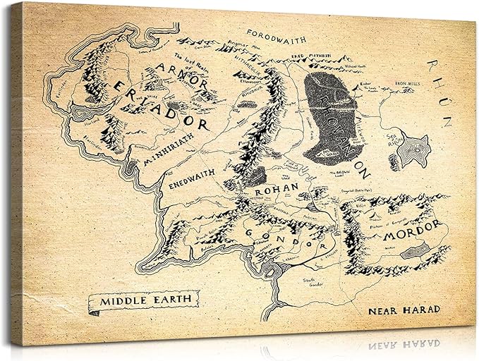 Middle Earth Map Wall Art Canvas Print - Fantasy Map of Middle Earth - 12''H x 18''W with Inner Wooden Frame - Lightweight & Easy to Hang - Perfect for Bedroom, Game Room Decor
