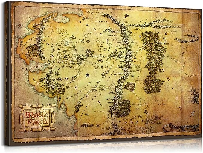 Middle Earth Map Wall Art with Built-in Wooden Frame - Map of Middle Earth Wall Decor for Game Room - Lightweight & Easy Hanging, 12x18 Inches
