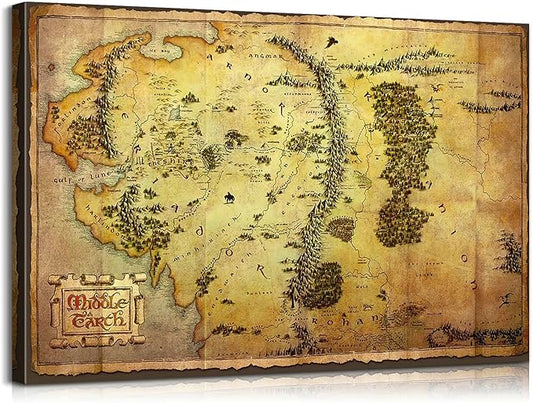 Middle Earth Map Wall Art with Built-in Wooden Frame - Map of Middle Earth Wall Decor for Game Room - Lightweight & Easy Hanging, 16x24 Inches