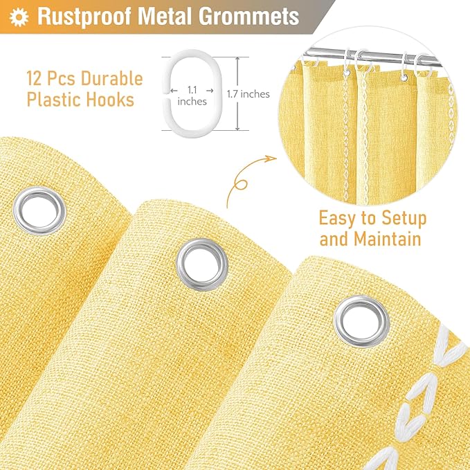 BTTN Boho Farmhouse Shower Curtain, Linen Rustic Weighted Striped Fabric Shower Curtain with Tassel, Water Repellent, Modern Bohemian Vintage Country Cloth Shower Curtains for Bathroom, Yellow, 72x72