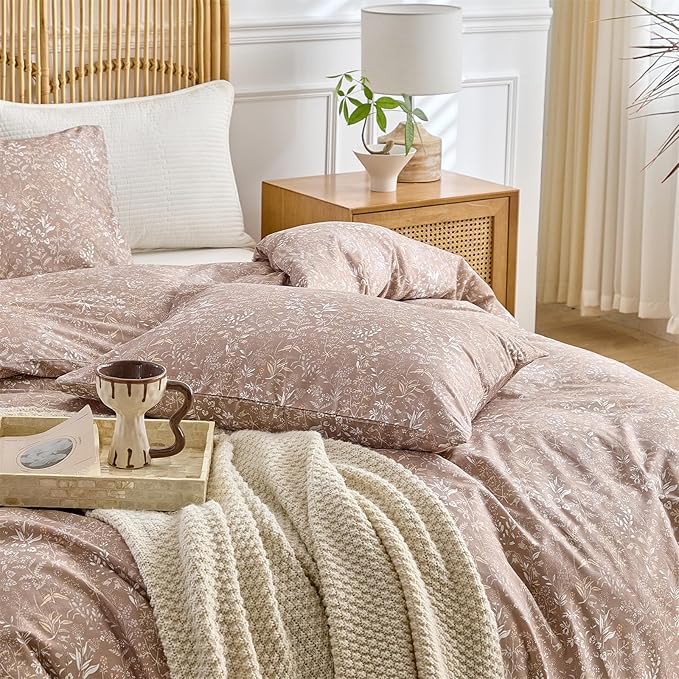 mixinni 3 Pieces Duvet Covers Twin XL Size, 100% Cotton Comforter Cover Wildflower Printed on Khaki Floral Bedding Set with Zipper Closure 4 Ties (1 Duvet Cover 68"x86", 2 Pillow Cases 20"x26")