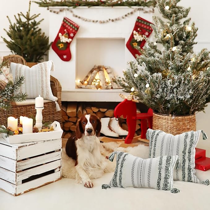 decorUhome Decorative Boho Throw Pillow Cover 20x20, Accent Neutral Textured Tufted Pillow Cover Striped for Couch Bed Sofa, Light Grey and Cream White, Pack of 1