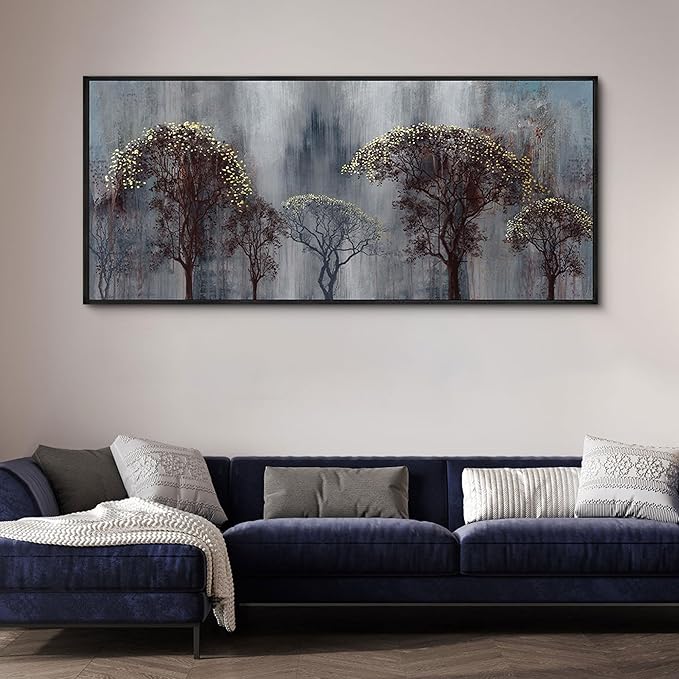 KLAKLA Living Room Wall Art - Black and White Wall Decor Large Picture Landscape Black and Gold Tree Artwork for Walls Frame Canvas Bedroom Office Home Decor 70x31 Inches