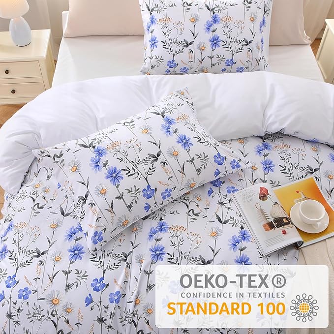 MUXHOMO Duvet Cover Queen Size, Reversible Floral Vintage Duvet Cover Set with Zipper Closure, 3 Pieces Botanical Patterns Soft Microfiber Bedding Set (90"x90", 2 Pillow Cases, Purple Blue Daisy)