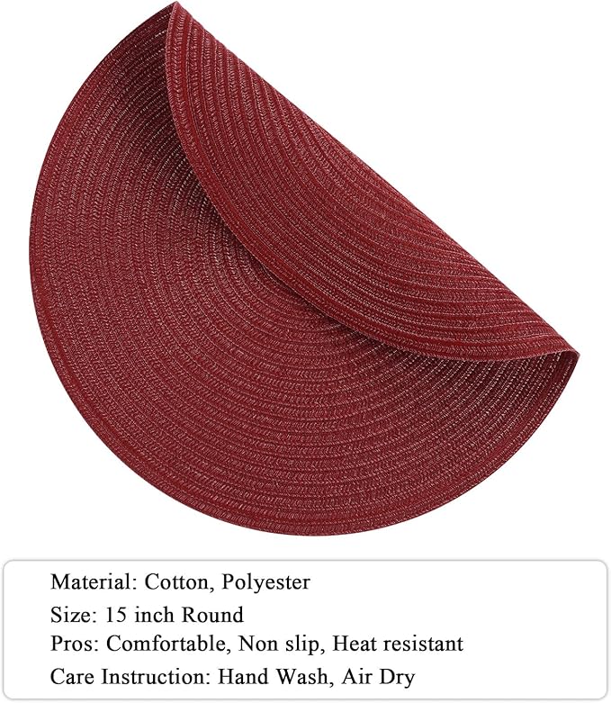 SHACOS Round Placemats Set of 6 for Dining Table 15 inch Round Braided Place Mats Washable Non Slip Kitchen Table Mats, Burgundy