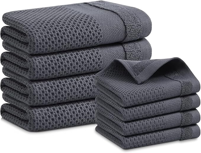 Homaxy Kitchen Towels and Dishcloths Set, 12 x 12 and 13 x 28 Inches, Set of 8 100% Cotton Waffle Weave Kitchen Towels, Super Soft and Absorbent Dish Cloths, Dark Grey