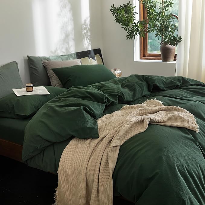 FOSSA Duvet Cover Set 100% Washed Cotton Linen Feel Super Soft Breathable Cozy 3 Pieces Bedding Sets Solid Forest Green King
