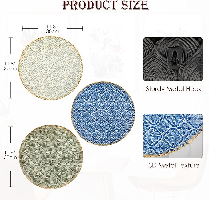 Briful 12" Wall Décor Pack of 3 Metal Blue White Washed Starbursts Radial Plate Wall Art Modern Accent Hanging Wall Decorations For Home Office Bedroom Or Living Room Wall Sculptures