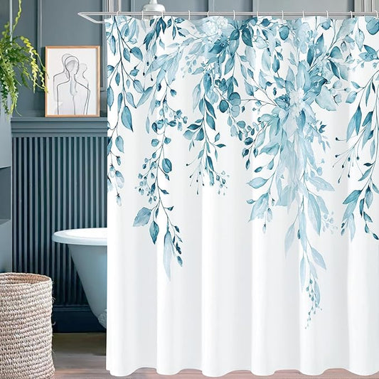 Gibelle Long Shower Curtain 72 x 78, Tall Spa Blue Floral Shower Curtain for Bathroom, Watercolor Plant Eucalyptus Leaves Fabric Shower Curtain Set with Hooks
