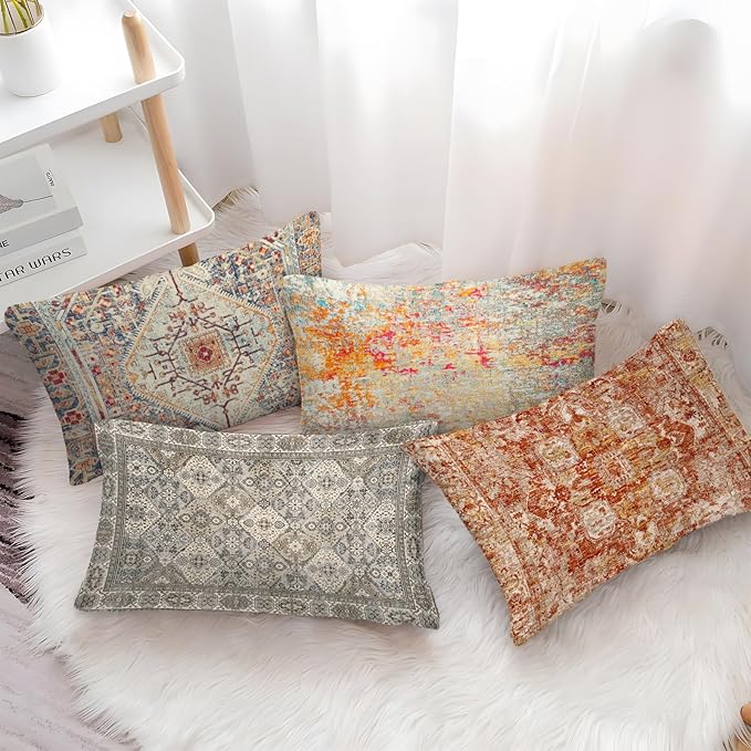 Boho Floral Throw Pillow Covers 12x20 inch Set of 2,Boho Rug Geometric Floral Pattern Decor Double Sided Pattern Cushion Cover Soft Pillow Case Living Sofa Room Bed Square Pillow Cover